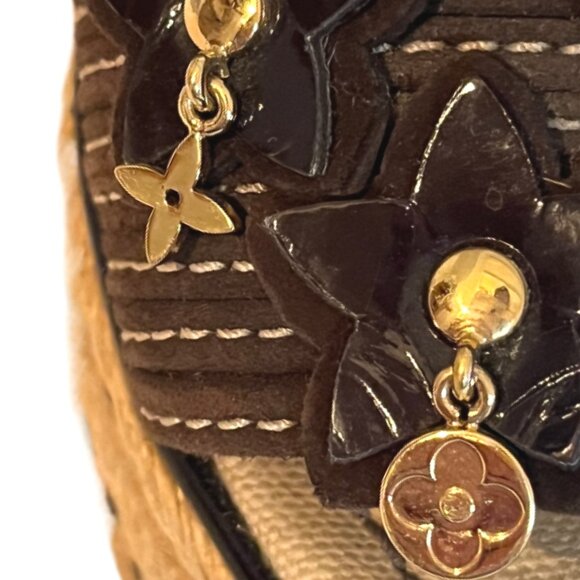 Louis Vuitton Brown Suede/Patent Leather Logo Charms Wedge Sandals Sz 36.5 -6.5 - Picture 12 of 16